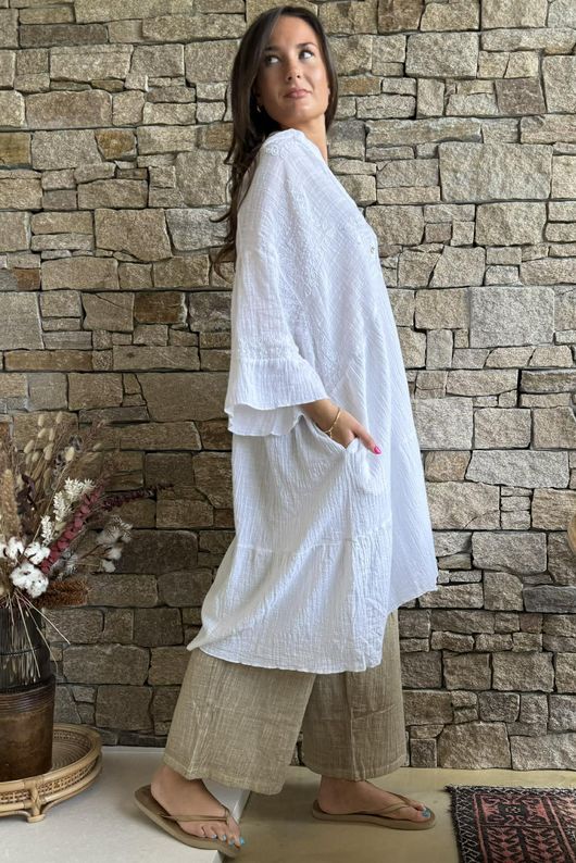Loom & Thread Embroidered Tiered Smock Dress White